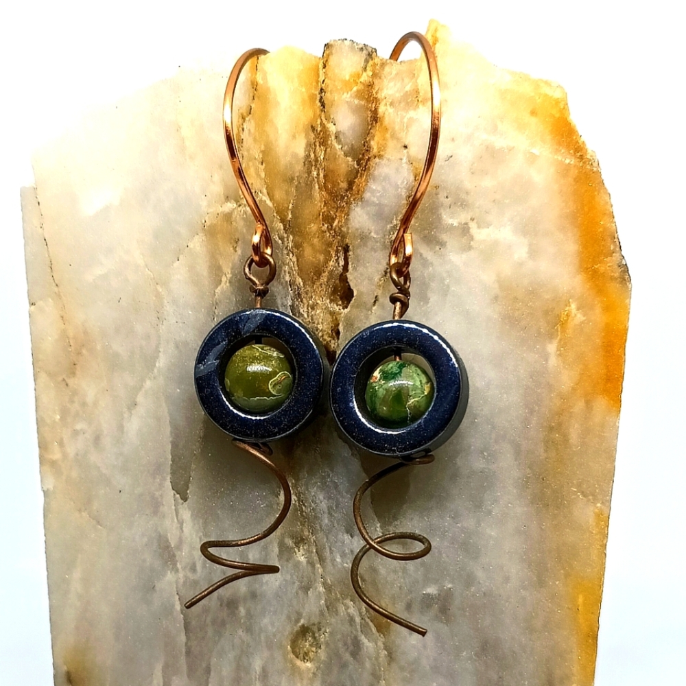 Spiral Copper Drops with Hematite and Unakite Gemstone Beads Handmade